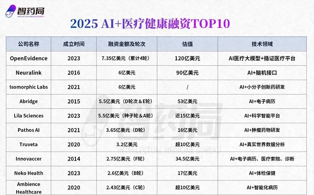 2025 年 AI 医疗融资盘点：十大公司引领行业新风向